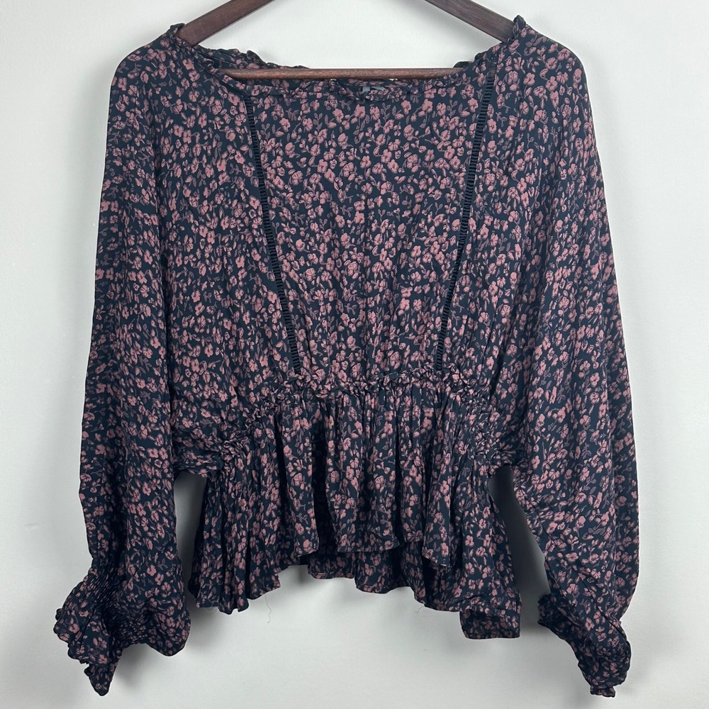 Anthropologie Floral Blouse Small Smocked Ruffle Peplum Balloon Sleeve Boho